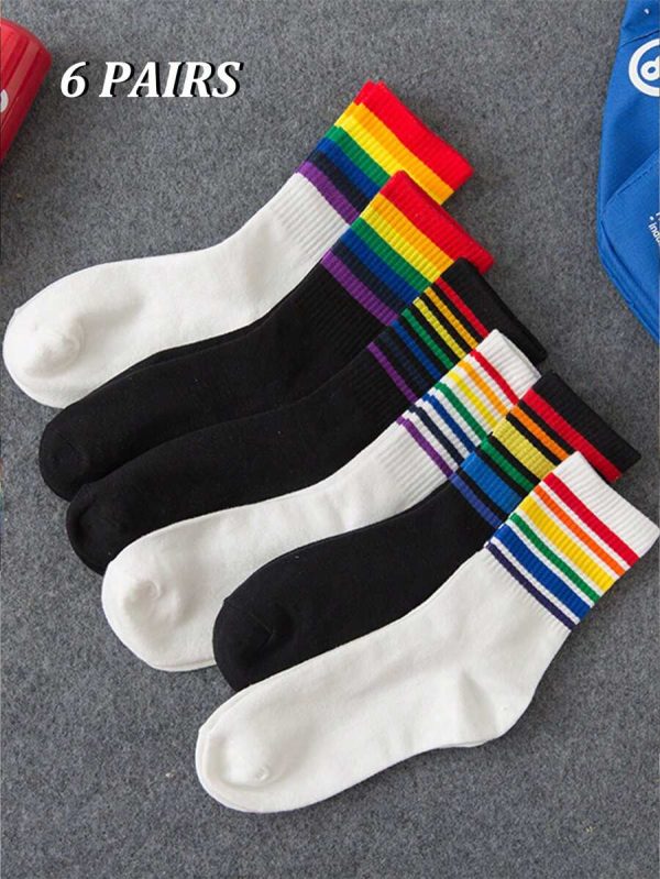 6 Pairs Minimalist Black & White Rainbow Pattern Unisex Comfortable Breathable Mid-Calf Socks, Stylish For Spring/Autumn, Fall