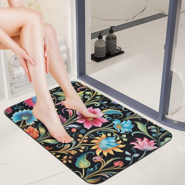 Stone Bath Mats Multicolor Floral Design Diatomaceous Earth Bath Mat Super Absorbent Bathroom Floor Mat Quick Drying Diatomite Shower Mat for Shower Bathtub Bathroom Accessory 16x24in