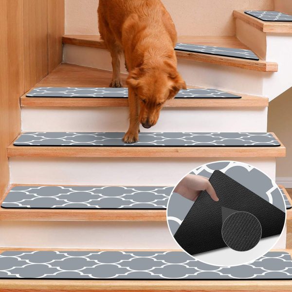 Rubber Carpet for Stairs, 15 Pack Non Slip Stair Treads Indoor for Wooden Steps, 30x8 Inch Reusable Staircase Runner Safety Step Carpet Treads for Wood Stairs, Lantern Grey