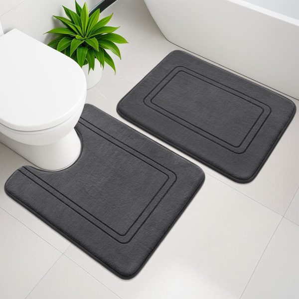 Memory Foam Bath Mat Set, Bathroom Rugs Sets 2 Pieces, Non Slip Bath Mats for Bathroom, Super Soft and Water Absorbent Bath Rug Set, Machine Washable U Shape Toilet Rug,Dark Grey