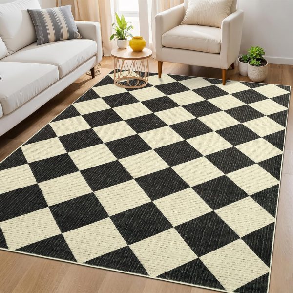 6x9 Modern Checkered Area Rug, Geometric Farmhouse Washable Rugs for Living Room Bedroom, Soft Low Pile Non Slip Diamond Floor Mat Plaid Print Throw Rug Indoor Carpet Kids Room Classroom
