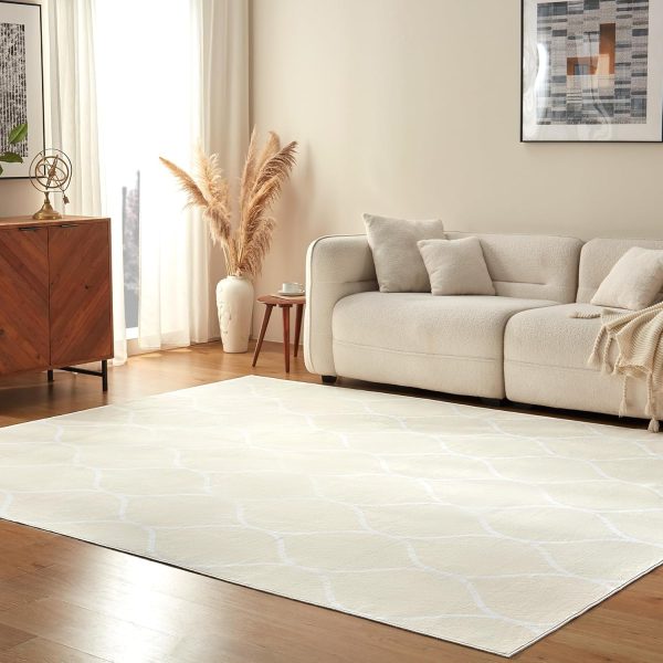 Thin Indoor Area Rug, Geometric Printed Washable Home Decor Carpet for Living Room Bedroom, 6' W × 9' L, Beige Geometric