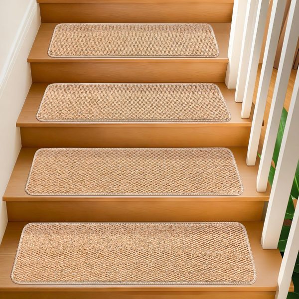 Stair Treads for Wooden Steps Indoor 9x30 Inch, 15 Pcs Non Slip Peel and Stick Carpet Stair Treads Self Adhesive, Washable & Reusable Stair Runner Rugs for Kids Elders and Pets - Beige
